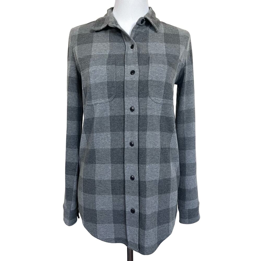 Quince Women’s Fleece Top Gray Plaid Button Front Long Sleeve Cozy Stretch Sz S